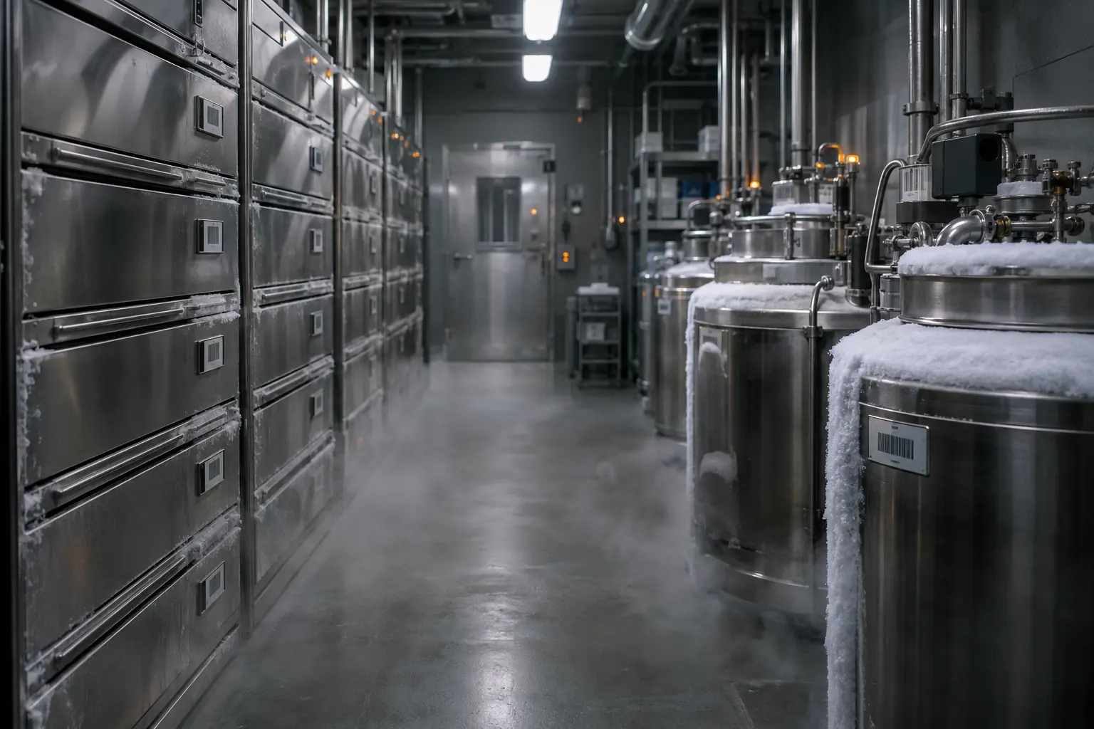 Cryogenic storage room with rows of steel drawers and frosted tanks