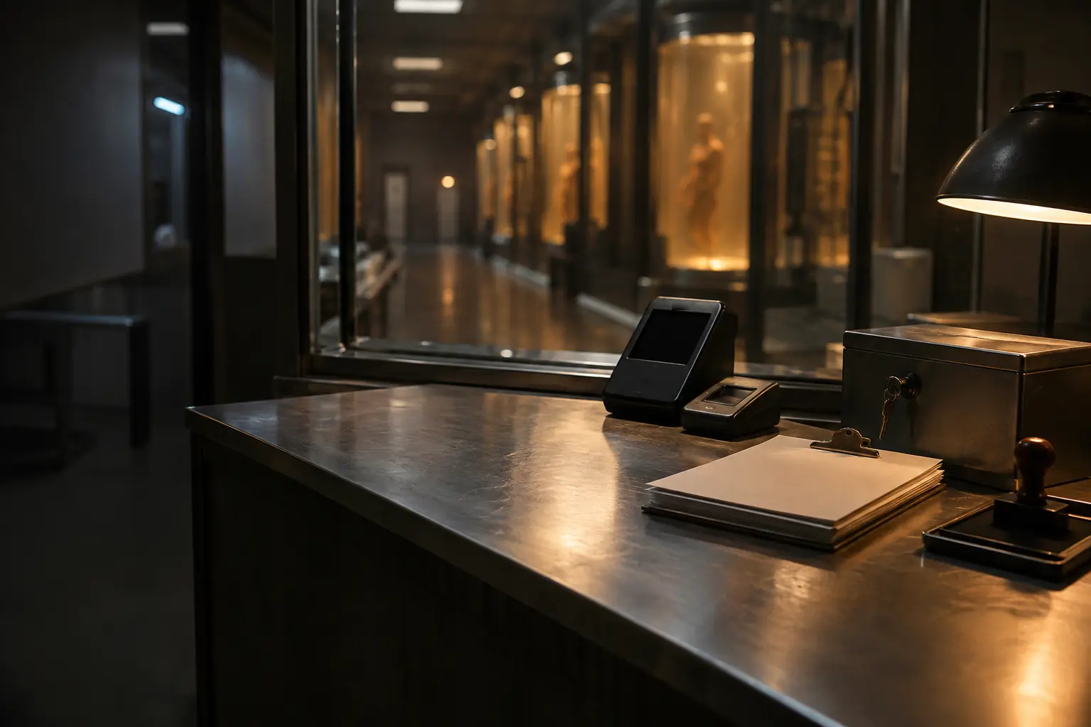 The release desk: an ID reader, a fingerprint pad, a lockbox and a rubber stamp on a steel counter, tanks glowing beyond the glass