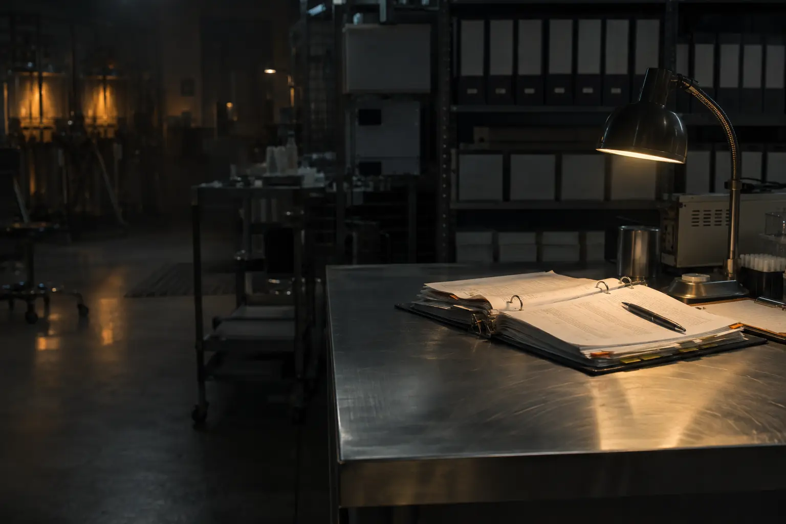 The operating manual lies open on a steel bench under a lamp, archive shelves behind it