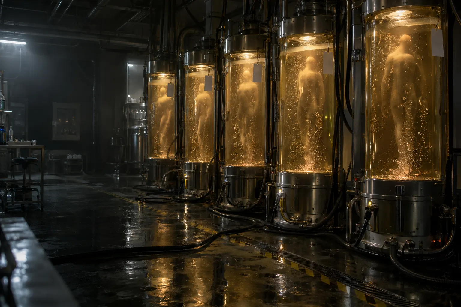 Rows of glass tanks on the containment floor, each holding a twin